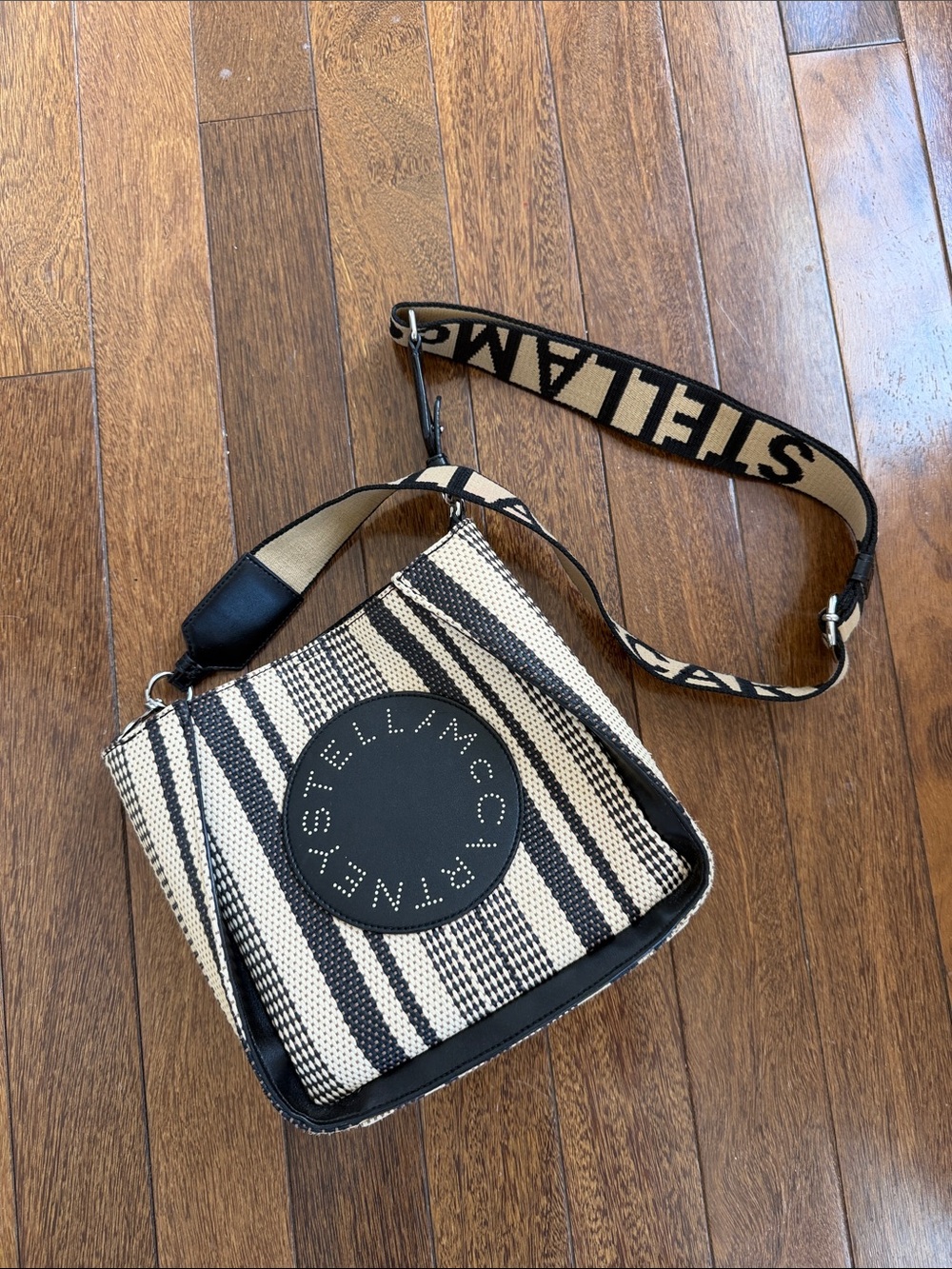 Stella McCartney Black & Cream Striped Shoulder Bag with Logo Strap